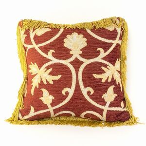 12x12 Upholstery Jacquard Accent Pillow Gold Brush Fringe Acanthus Damask
